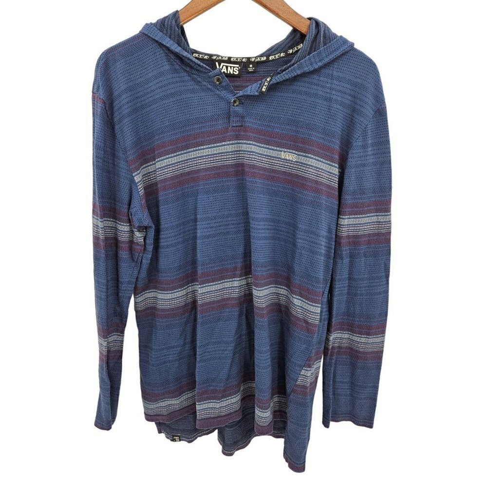 Vans Pullover Shirt Hoodie Mens Sz Medium L/S Blue Red Striped Embroidered‎ Logo
